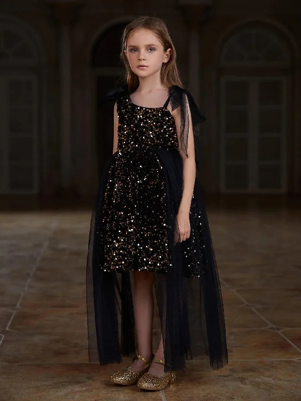 Tween Girls' Cute Sleeveless Mesh Overlay Sequin Party Dress Crew Neckline Casual