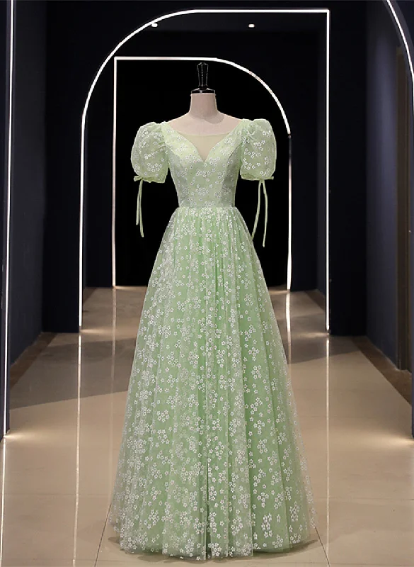 Light Green Floral V-neckline Short Sleeves Party Dress, A-line Green Formal Dress Satin Halter Glamorous Light Green Floral V-neckline Short Sleeves Party Dress, A-line Green Formal Dress Satin Halter Glamorous