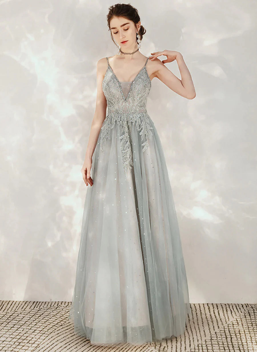 Tulle A-line Beaded Straps Long Party Dress, A-line Low Back Prom Dress Tunics Custom made Tulle A-line Beaded Straps Long Party Dress, A-line Low Back Prom Dress Tunics Custom made
