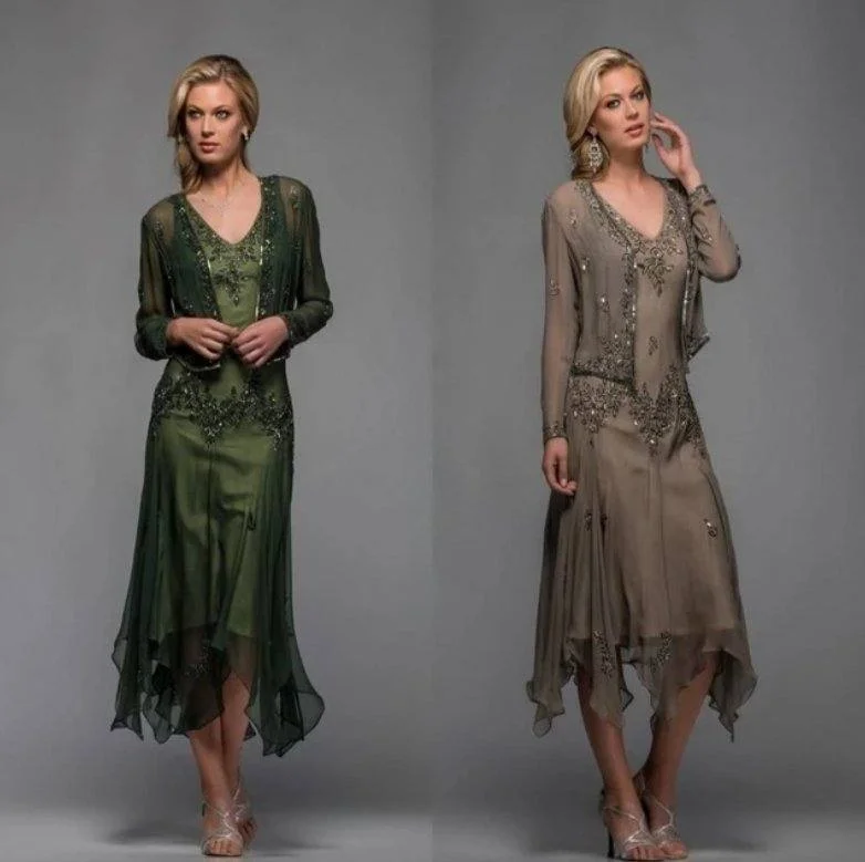 Green Mother Of The Bride Dresses A-line Chiffon Lace Beaded With Jaceket Wedding Party Dress Mother Dress For Wedding Peplum Ruffle Cocktail