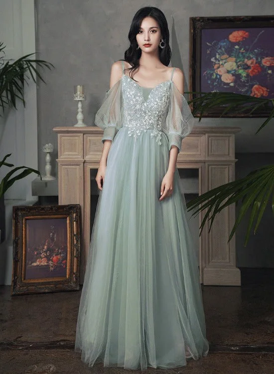 Beautiful Tulle A-line Floor Length Evening Dresses Party Dress, Tulle Party Dress with Lace Off-the-shoulder Chic Trendy Beautiful Tulle A-line Floor Length Evening Dresses Party Dress, Tulle Party Dress with Lace Off-the-shoulder Chic Trendy