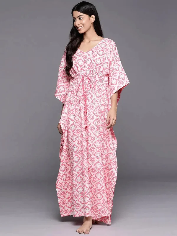White Printed Cotton Night Dress Off-the-shoulder Chic Trendy