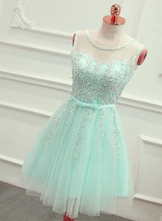 Cute Mint Green Tulle Short Party Dress with Lace Applique, Homecoming Dress Tunics Office stylish Cute Mint Green Tulle Short Party Dress with Lace Applique, Homecoming Dress Tunics Office stylish