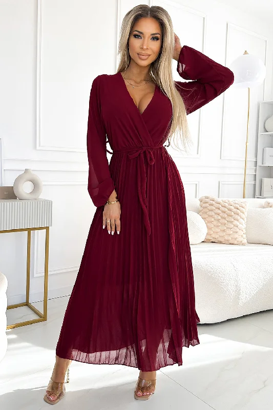 Pleated chiffon dress with scoop neckline; long sleeves and tied belt - burgundy Boatneck Modish Everyday