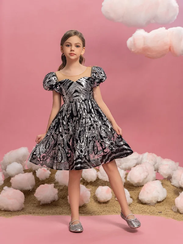 Tween Girls' Puff Sleeve Contrast Mesh Sequin Party Dress Tunics Short Trendy