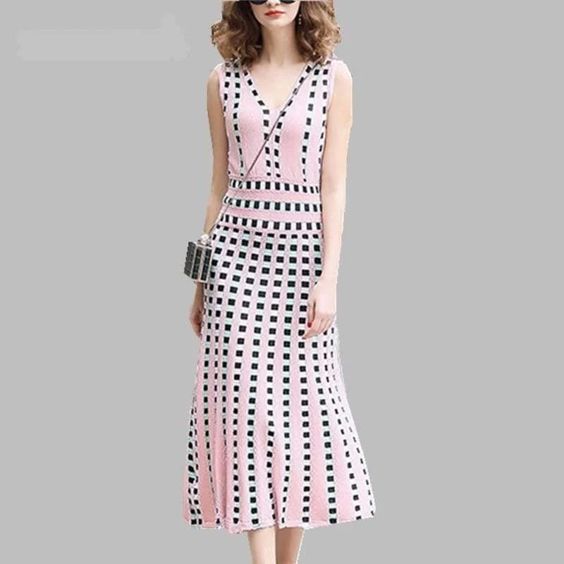 Elegant Grid Runway Summer Knit Dress Tunics Long Elegant