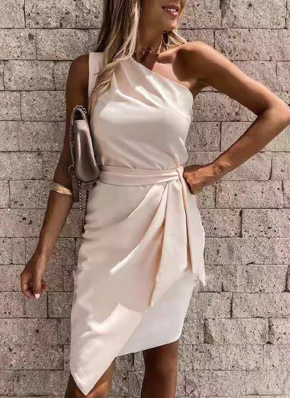 Spring And Summer Models Solid Color Sleeveless Slanted Shoulder Irregular Tie Party Dress Tunics Yoga stretchy Spring And Summer Models Solid Color Sleeveless Slanted Shoulder Irregular Tie Party Dress Tunics Yoga stretchy