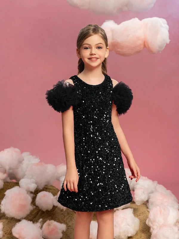 Tween Girls' Ruffle Trim Sequin Party Dress Tunics Floral girly