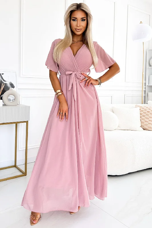 Long dress with a pleated neckline and ties - powder pink Tunics Leisure comfortable