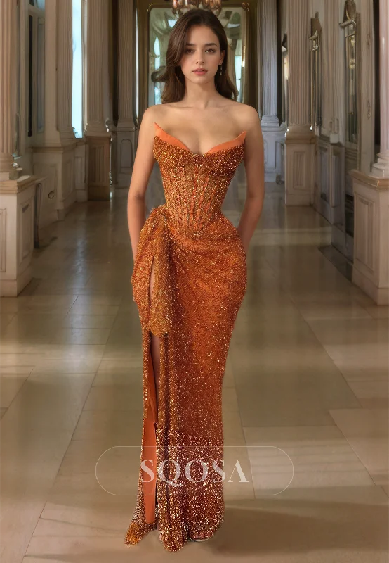 Glitter-Knit Floor-Length Pleated Party Dress Sweetheart Sleeveles Mermaid Prom Dress with Slit Sequined Elegant Party Glitter-Knit Floor-Length Pleated Party Dress Sweetheart Sleeveles Mermaid Prom Dress with Slit Sequined Elegant Party