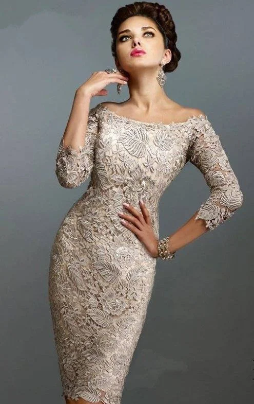 Elegant Mother Of The Bride Dresses Sheath 3/4 Sleeves Lace Plus Size Short Wedding Party Dress Mother Dresses For Wedding Bodycon Fitted Nightout