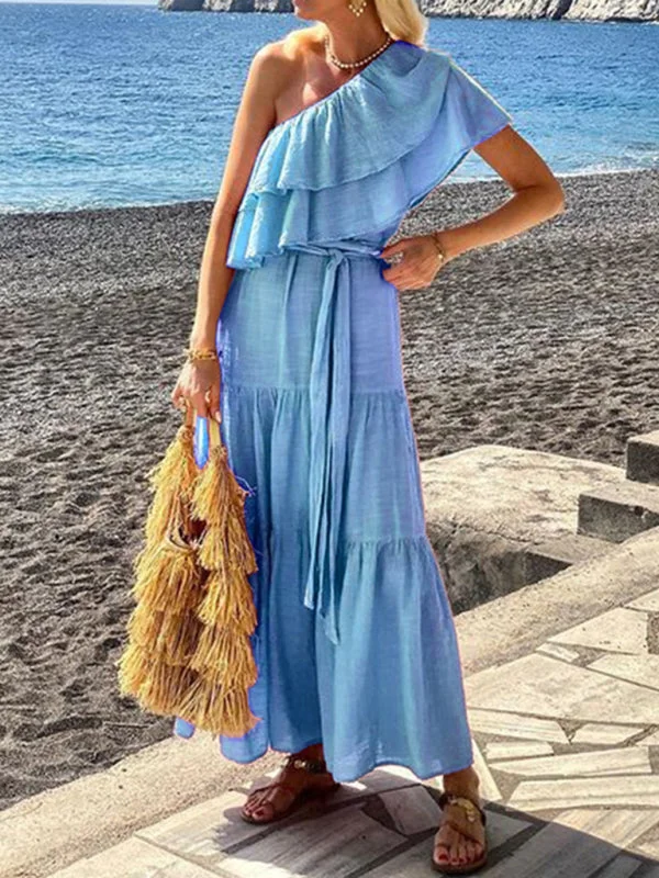 Fashion solid color off-shoulder lotus leaf collar dress Tunics Chic fashionable