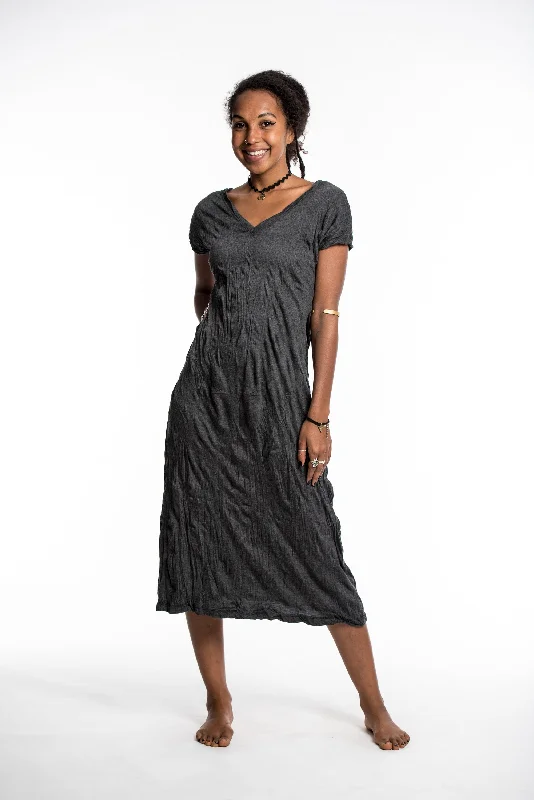 Womens Solid Color V Neck Long Dress in Black empire Waist empire