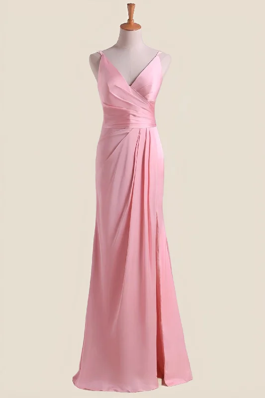 Pink Pleated Faux-Wrap Long Party Dress Tunics Fall fleece