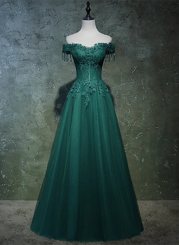 Dark Green A-line Beaded Long Party Dress, Sweetheart Tulle Green Prom Dress Tunics Trousers formal Dark Green A-line Beaded Long Party Dress, Sweetheart Tulle Green Prom Dress Tunics Trousers formal
