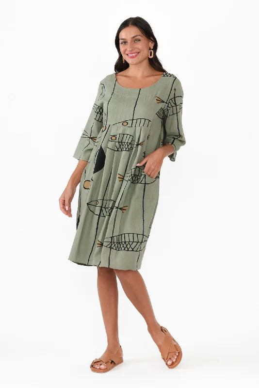 Myley Khaki Sea Linen Cotton Dress Tunics Business professional
