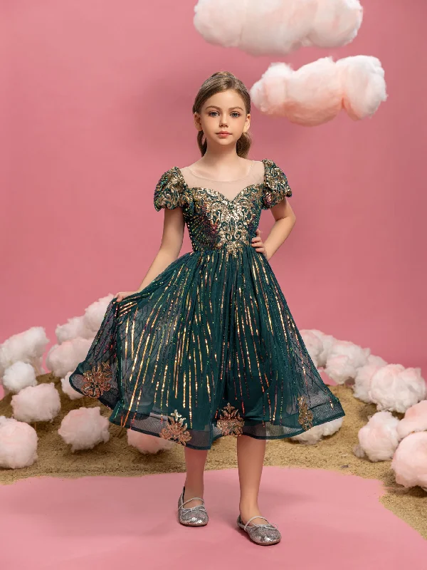 Tween Girls' Puff Sleeve Graphic Sequin Party Dress Tunics Chinos classic