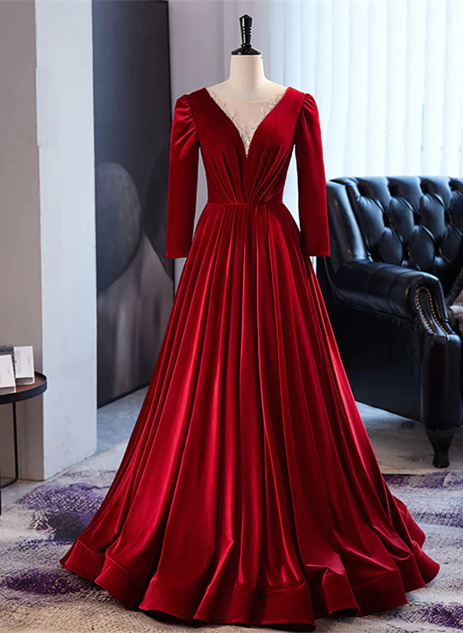 Wine Red Velvet Long Sleeves See Through Prom Dress, Wine Red Wedding Party Dress Tunics Top rated Wine Red Velvet Long Sleeves See Through Prom Dress, Wine Red Wedding Party Dress Tunics Top rated