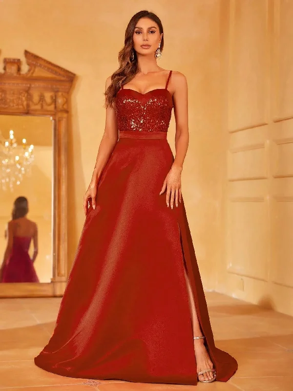 Sequin Bustier Contrast Split Satin Hem Cami Party Dress Tunics Chic elegant