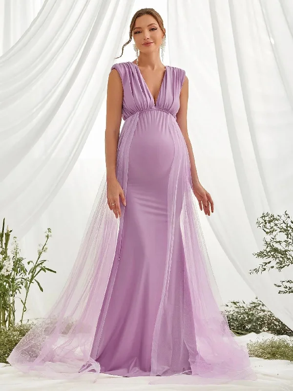 Maternity Plunging Neck Sleeveless Contrast Mesh Party Dress Tunics Trendy modern
