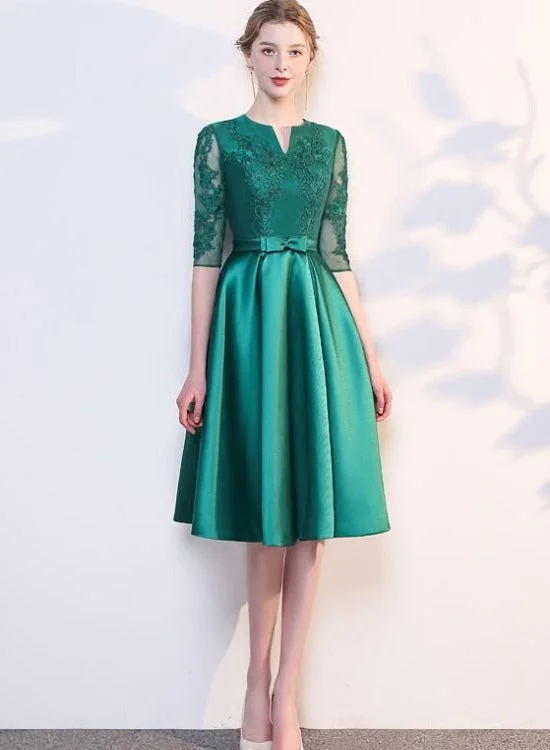 Green Satin Lace Knee Length Short Sleeves Bridesmaid Dress, Green Short Party Dress Homecoming Dress Tunics Silk luxurious Green Satin Lace Knee Length Short Sleeves Bridesmaid Dress, Green Short Party Dress Homecoming Dress Tunics Silk luxurious