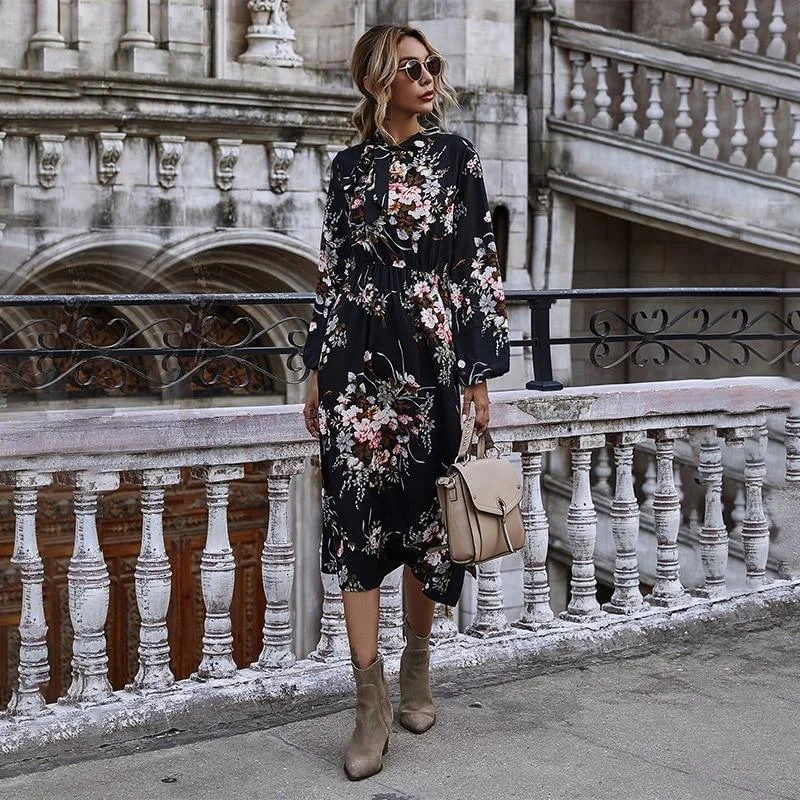 Puff Sleeve Autumn Winter Floral Dress Tunics Stylish modern