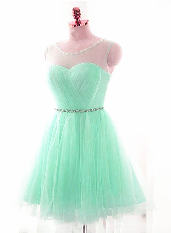 Mint Green Tulle Round Beaded Tulle Party Dress, Short Prom Dress Homecoming Dress Tunics Gym athletic