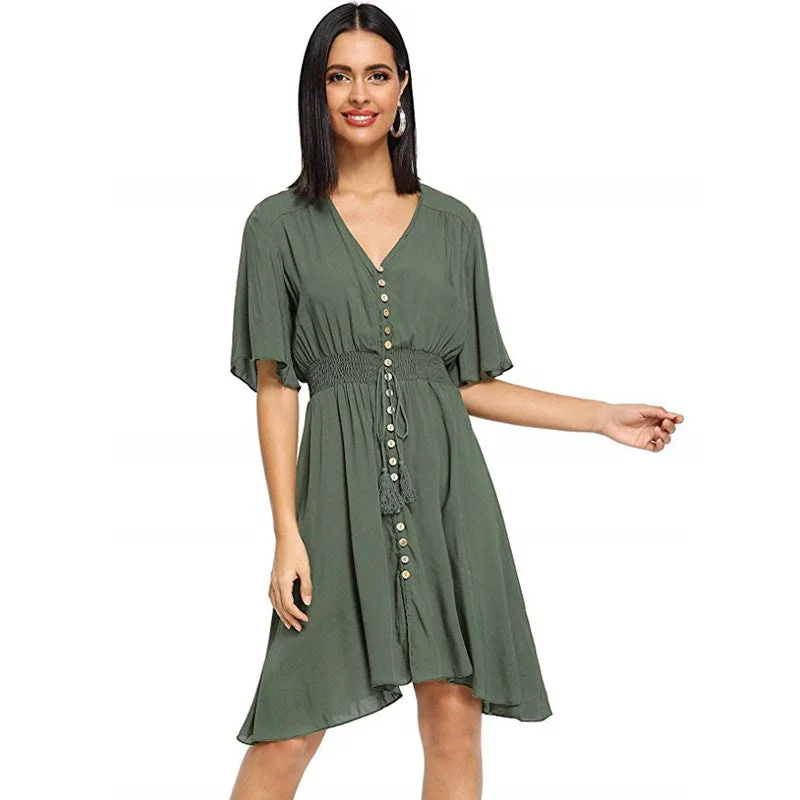 Women's Button Slit V Neck Elegant Party Dress Crew Neckline Casual