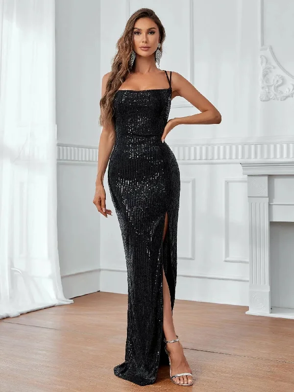 Elegant Backless Split Thigh Sequin Cami Party Dress Tunics Gym athletic