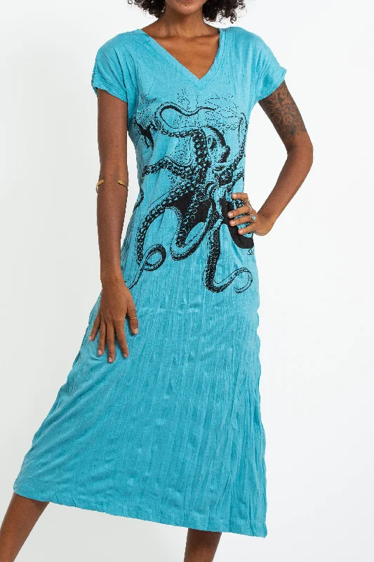 Womens Octopus V Neck Long Dress in Turquoise Bodycon Club Sequined