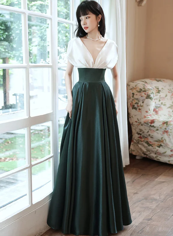 A-line Satin White and Green Long Party Dress, V-neckline Long Prom Dress Formal Dress Tunics Distressed trendy A-line Satin White and Green Long Party Dress, V-neckline Long Prom Dress Formal Dress Tunics Distressed trendy