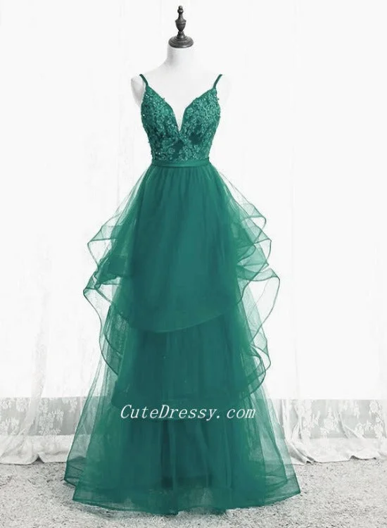 Green Lace and Tulle A-line Layers Long Prom Dress Party Dress, Green Evening Dresses Crew Neckline Sporty Green Lace and Tulle A-line Layers Long Prom Dress Party Dress, Green Evening Dresses Crew Neckline Sporty