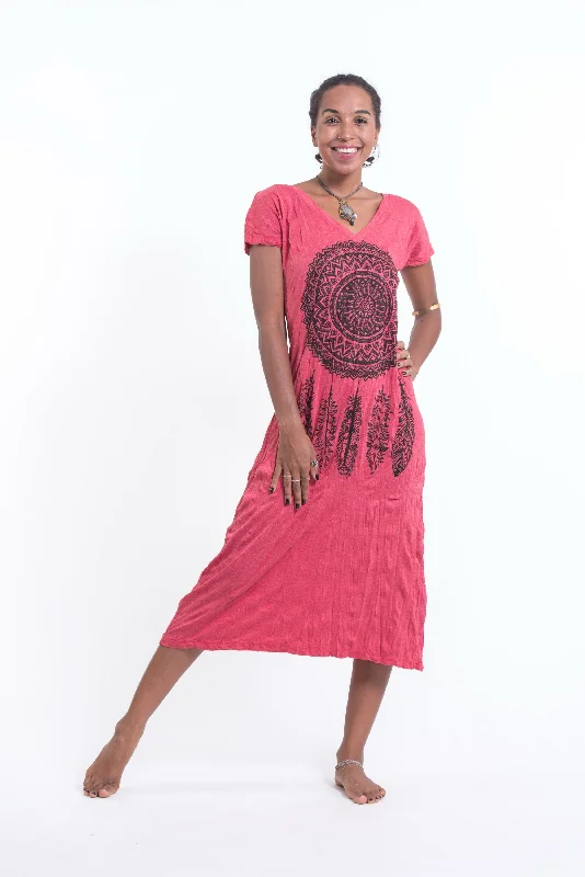 Womens Dreamcatcher V Neck Long Dress in Red Tunics Distressed trendy