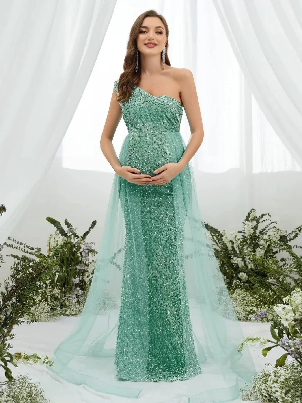 Maternity One Shoulder Mesh Overlay Sequin Party Dress Tunics Fall fleece