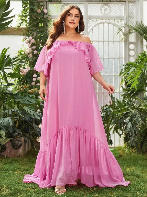 Plus Off Shoulder Ruffle Trim Chiffon Party Dress Halter Neckline Beach