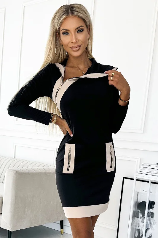 Two-color dress with three zippers - black and beige Tunics Bridal satin