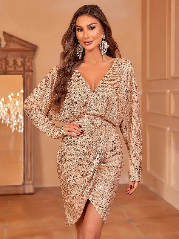 Surplice Neck Dolman Sleeves Sequin Party Dress Shift Classic Vintage