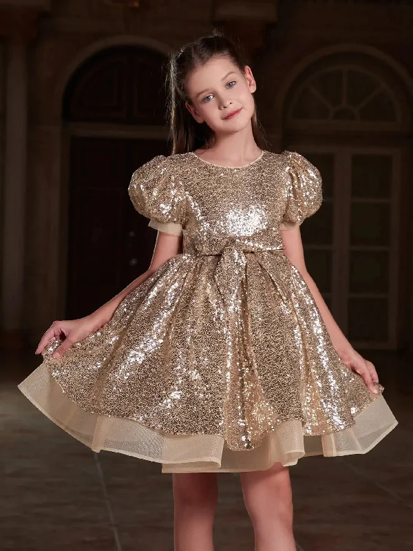 Tween Girls' Cute Bow Front Puff Sleeve Sequin Party Dress Tunics Corduroy durable