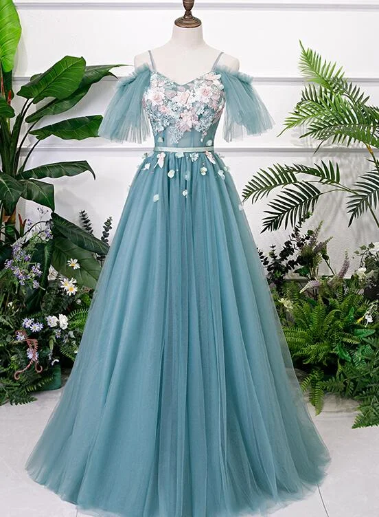 Beautiful Green Tulle Off Shoulder Party Dress, A-line Prom Dress with Flowers Tunics Leisure comfortable Beautiful Green Tulle Off Shoulder Party Dress, A-line Prom Dress with Flowers Tunics Leisure comfortable