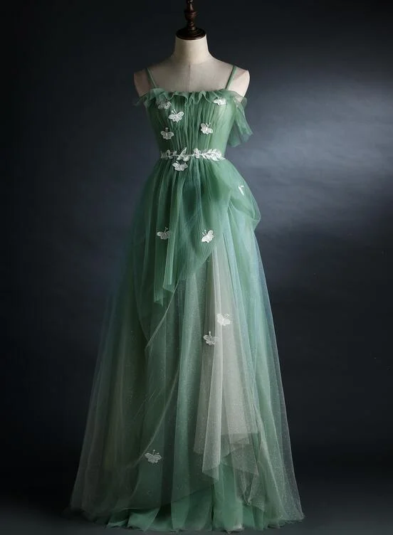 Light Green Straps Tulle Floor Length A-line Prom Dress, Tulle Scoop Party Dress Formal Dress Tunics Short Trendy