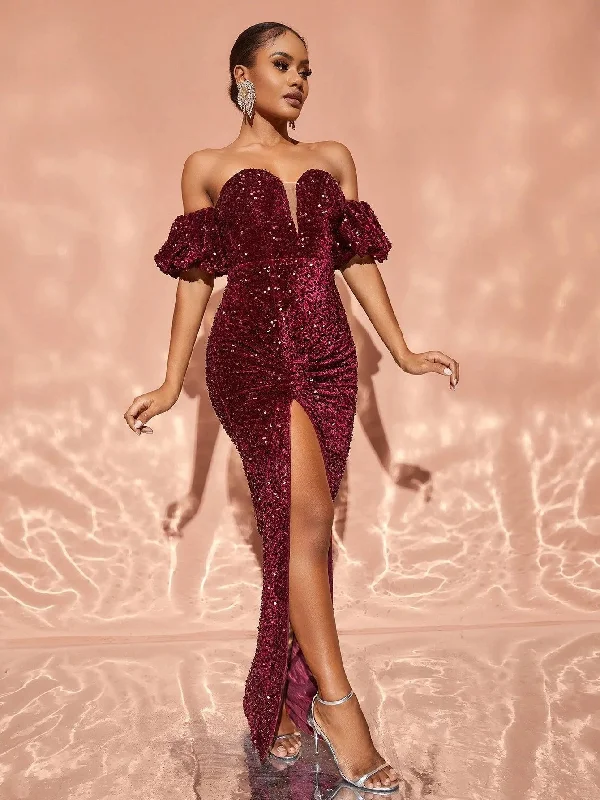 Chic Off Shoulder Puff Sleeve Split Sequin Party Dress Bodycon Fitted Nightout