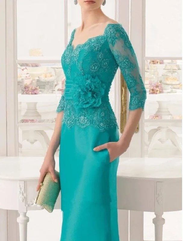 Mint Green Mother Of The Bride Dresses Sheath 3/4 Sleeves Appliques Beaded Long Wedding Party Dress Mother Dress Off-the-shoulder Chic Trendy