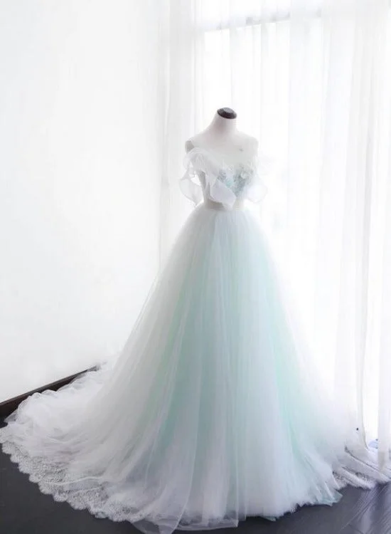 Mint Green and White Glam Tulle with Lace Long Wedding Party Dress, Beautiful Formal Dresses Crew Neckline Casual Mint Green and White Glam Tulle with Lace Long Wedding Party Dress, Beautiful Formal Dresses Crew Neckline Casual