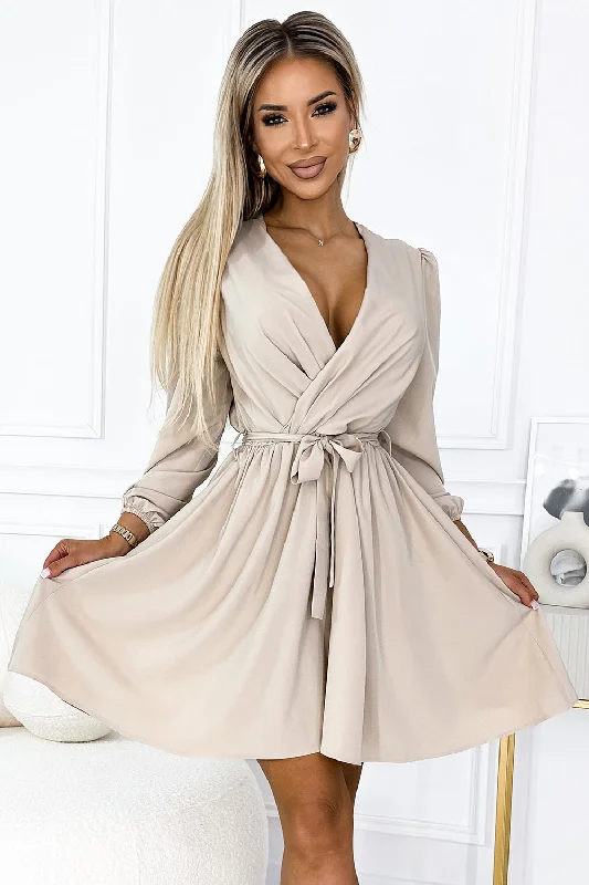 Feminine dress with a neckline and belt - beige Tunics Satin smooth