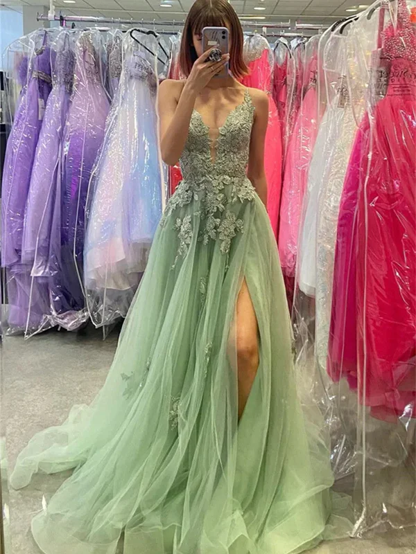 A-line Green V-neckline Straps Tulle with Lace Party Dress, Green Long Prom Dress Tunics Handmade artisanal A-line Green V-neckline Straps Tulle with Lace Party Dress, Green Long Prom Dress Tunics Handmade artisanal