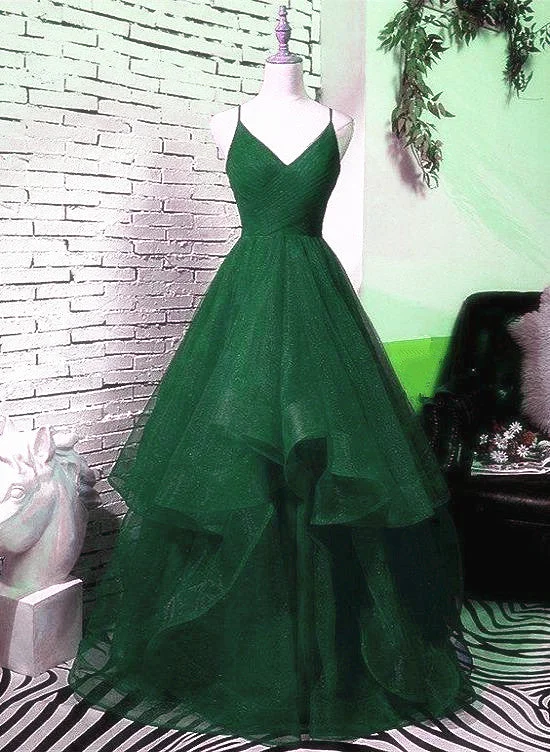 Hunter Green Straps V-neckline Layers Long Party Dress, Green New Prom Dress 2022 Tunics Running lightweight Hunter Green Straps V-neckline Layers Long Party Dress, Green New Prom Dress 2022 Tunics Running lightweight