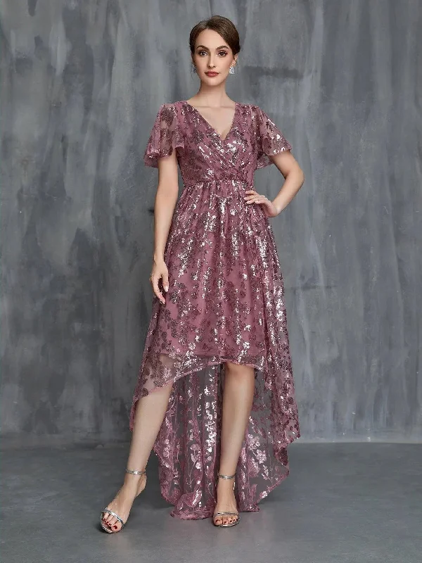 Womens' Surplice Neck High Low Hem Sequin Party Dress Lace Sexy Club