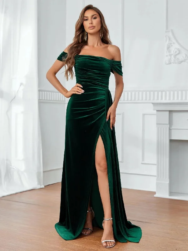 Off Shoulder Ruched Front Draped Side Velvet Party Dress Tunics Running lightweight