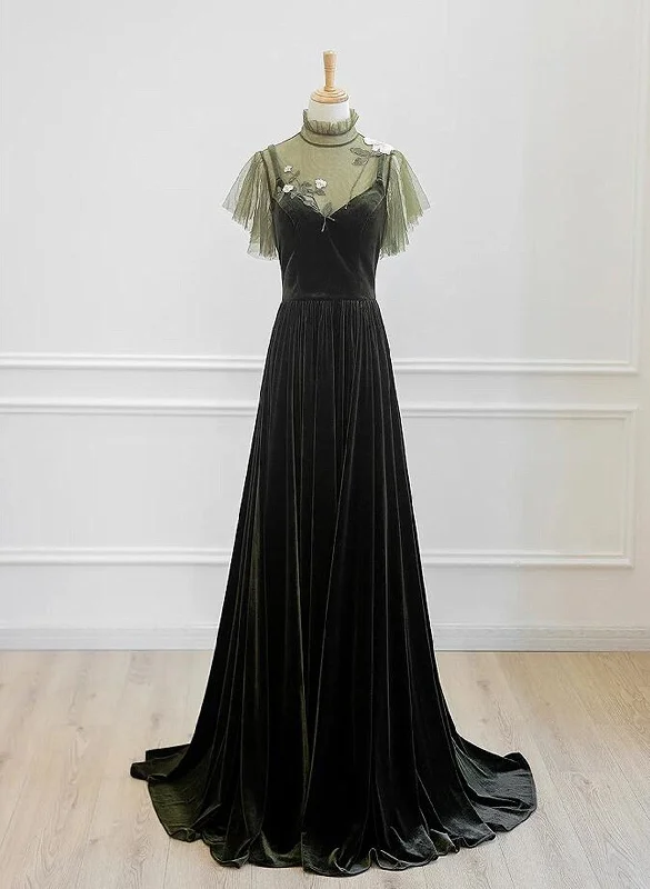 A-line Green Velvet High Neckline Long Party Dress, Green Velvet Prom Dress Tunics Luxurious premium A-line Green Velvet High Neckline Long Party Dress, Green Velvet Prom Dress Tunics Luxurious premium