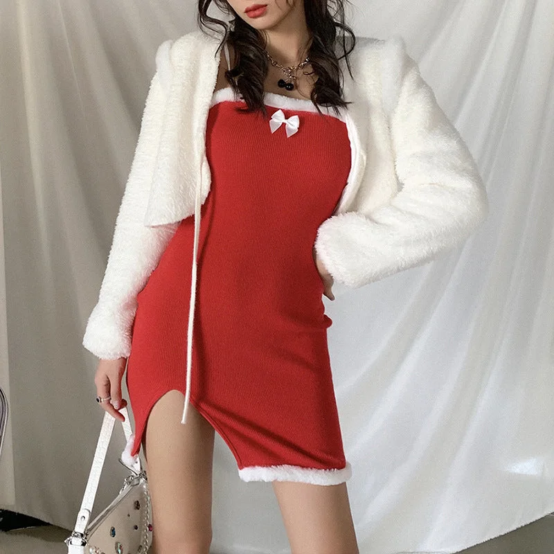 Christmas Annual Party Dress Winter Sexy Tight-fitting Split Hip Red Dress Tunics Practical easy-care Christmas Annual Party Dress Winter Sexy Tight-fitting Split Hip Red Dress Tunics Practical easy-care